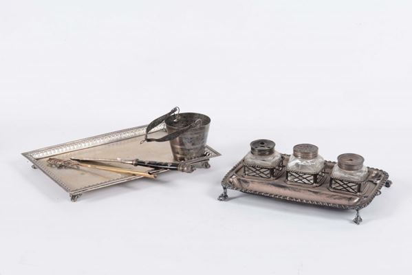 Calamaio in argento con ampolle in cristallo