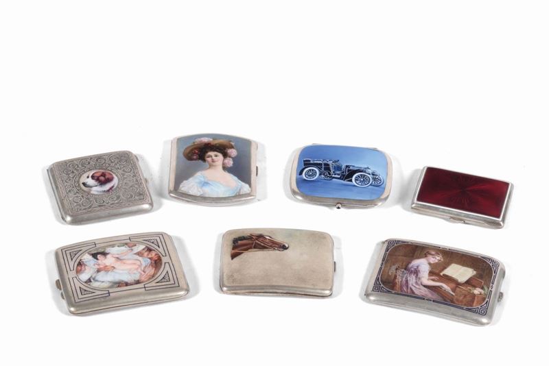 Lotto sette portasigarette in argento e smalti  - Auction Furnishings and Works of Art from Important Private Collections - Cambi Casa d'Aste