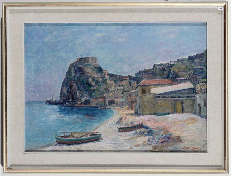Emanuele Rambaldi (1903-1968) Scilla, la spiaggia, 1957  - Asta Dipinti del XIX e XX secolo - Cambi Casa d'Aste