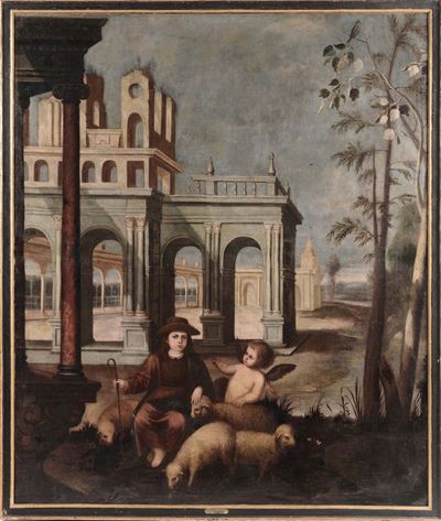 Scuola Europea del XVIII Secoloarchitetture con Pastorello e Pecore
