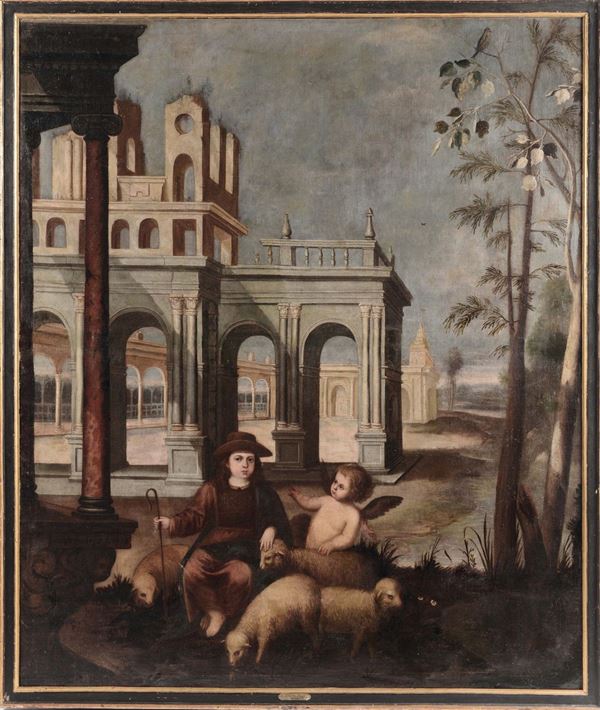 Scuola Europea del XVIII secolo Architetture con pastorello e pecore