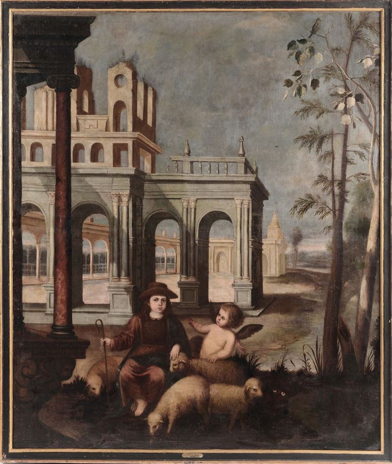 Scuola Europea del XVIII secolo Architetture con pastorello e pecore  - Asta Antiquariato e Dipinti Antichi - Cambi Casa d'Aste