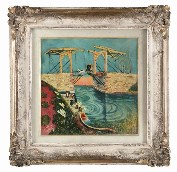 Anonimo del XIX-XX secolo Paesaggio con ponte e lavandaie