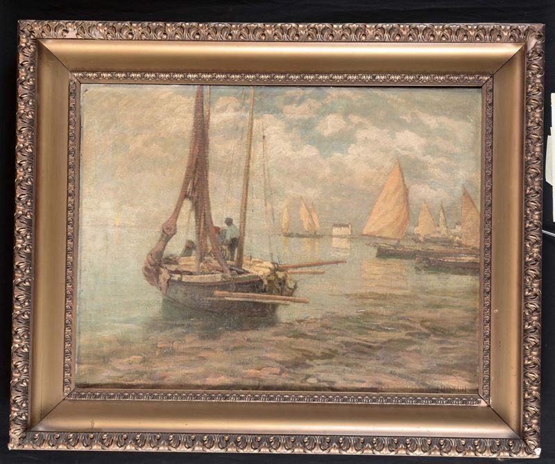 Francesco Sartorelli (1856-1939) Marina con pescherecci  - Asta Dipinti del XIX e XX secolo - Cambi Casa d'Aste