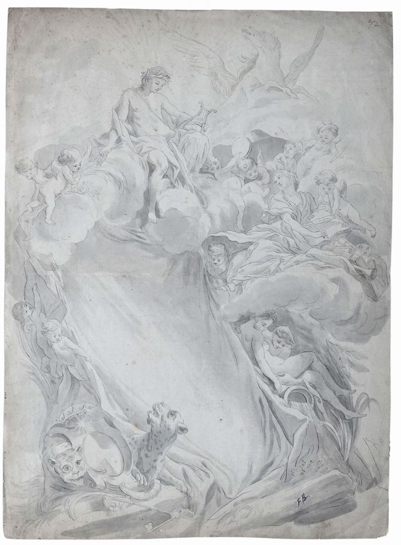 Francois Boucher (Parigi 1703-1770), copia da Studio per frontespizio  - Auction Fine Drawings - I - Cambi Casa d'Aste