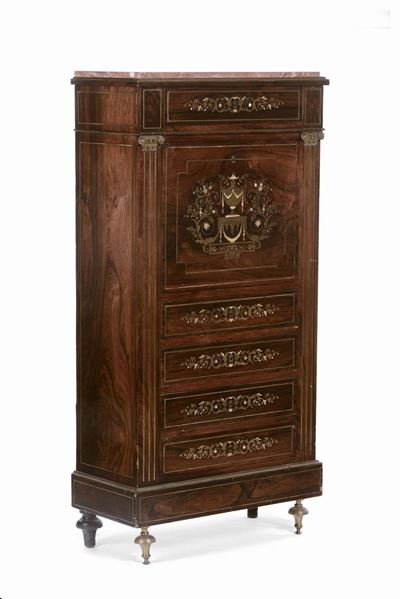 Secretaire Napoleone III Lastronato ed Intarsiato con Bronzi Dorati e Madreperla, Francia XIX Sec...