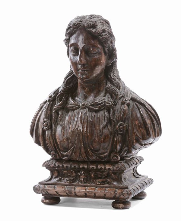 Busto femminile reliquiario in legno intagliato, XVIII secolo