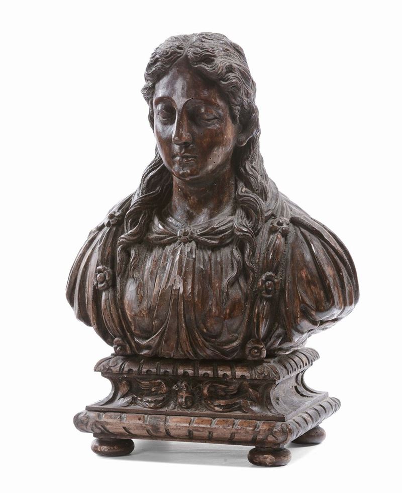 Busto femminile reliquiario in legno intagliato, XVIII secolo  - Asta Arredi e Oggetti d'Arte da Importanti Collezioni Private - Cambi Casa d'Aste