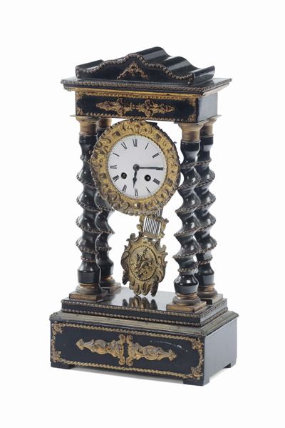 Orologio con Colonne a Torciglione in Legno Ebanizzato, XIX Secolo