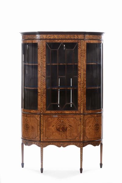Vetrina in Lastronata ed Intarsiata Satinwood, Inghilterra XIX Secolo