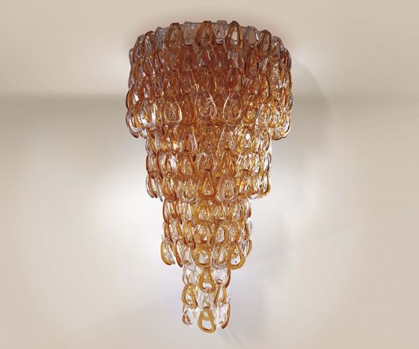Lampadario con struttura in metallo ed elementi modulari in vetro di Murano trasparenti e color ambra