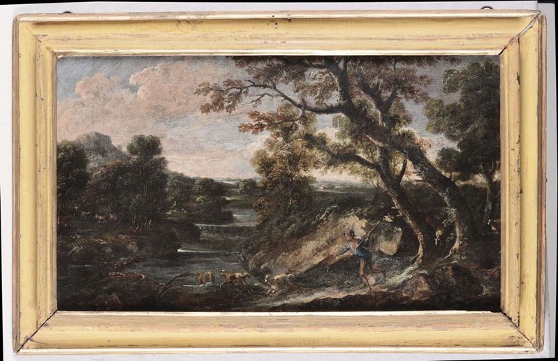 Antonio Francesco Peruzzini (1643-1724), attribuito a Paesaggio con pastore  - Asta Arredi e Oggetti d'Arte da Importanti Collezioni Private - Cambi Casa d'Aste