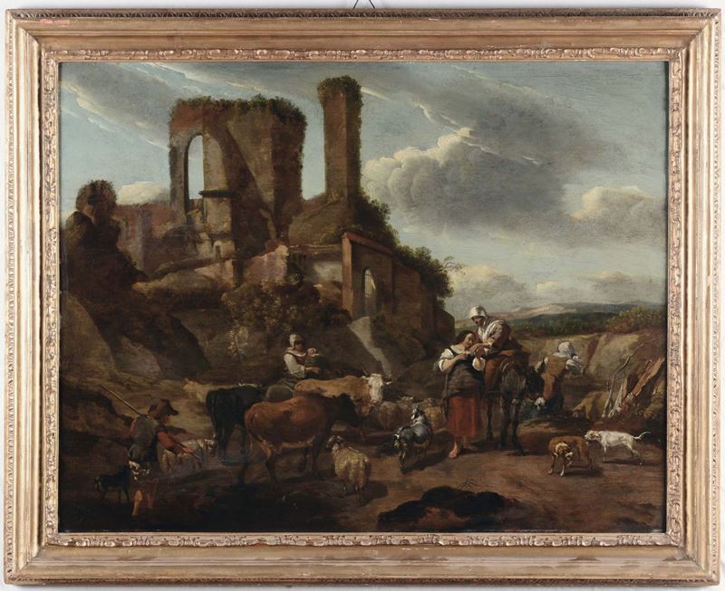 Nicolas Berkem ( Haarlem 1620 - Amsterdam 1683), attribuito a Pastorale con architetture  - Asta Dipinti Antichi - II - Cambi Casa d'Aste