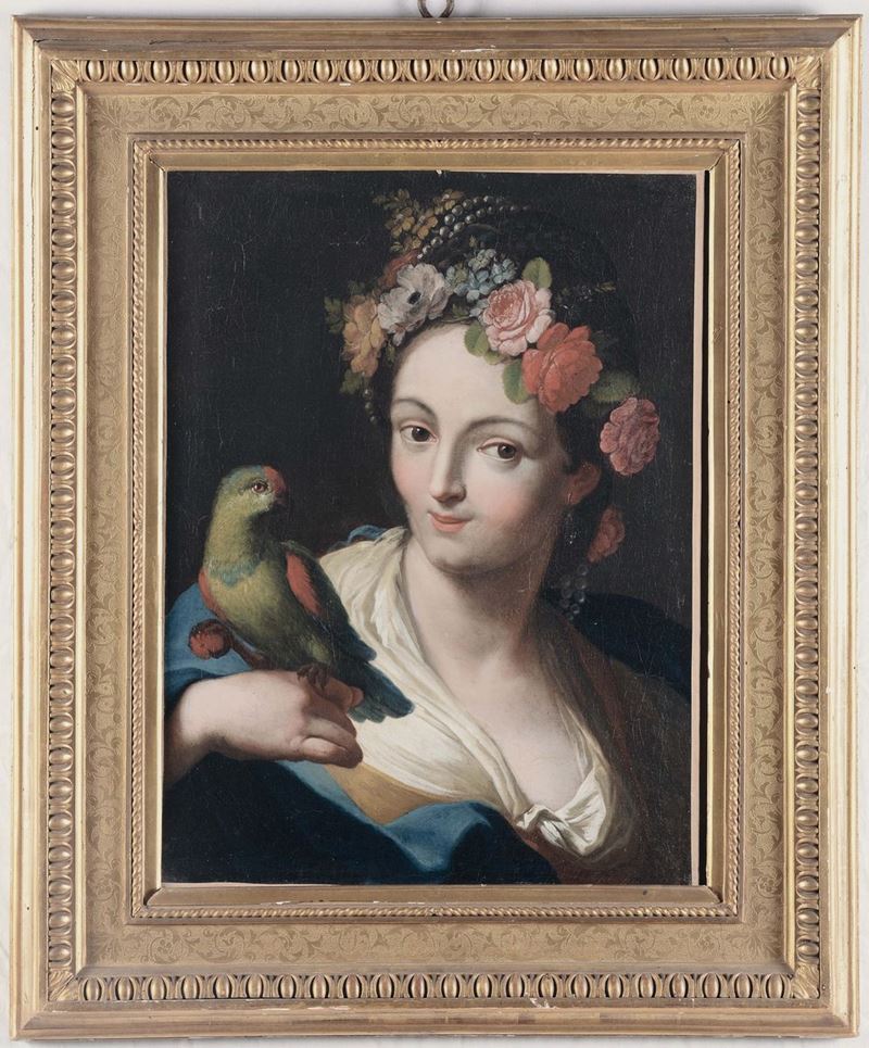 Ludovico Stern (Roma 1709-1777), attribuito a Flora con pappagallo  - Asta Dipinti Antichi - II - Cambi Casa d'Aste