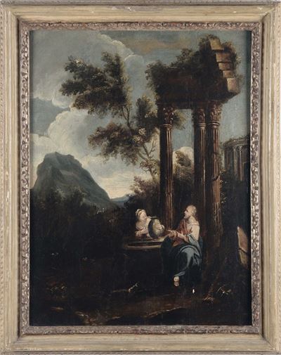 Scuola Napoletana del XVII Secologesù e la Samaritana al Pozzo Pesca Miracolosa