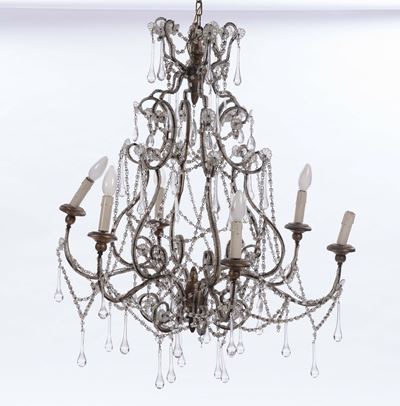 Lampadario a Sei Luci in Metallo e Cristalli, XIX Secolo