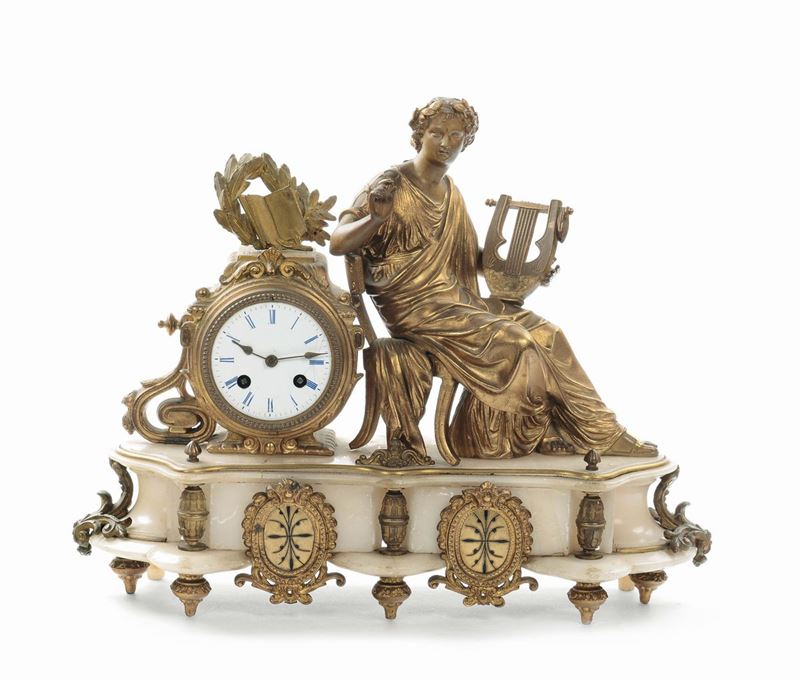 Orologio in marmo e bronzo dorato con figura femminile, XIX secolo  - Auction Furnishings and Works of Art from Important Private Collections - Cambi Casa d'Aste