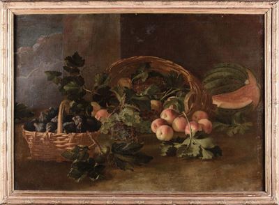Scuola Toscana del XVIII Secolonatura Morta con Cesto, Anguria, Uva, Pesche e Fichi Natura Morta ...