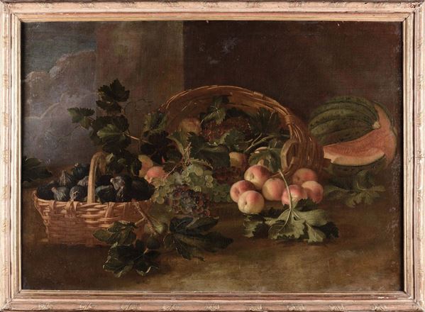 Scuola Toscana del XVIII secolo Natura morta con cesto, anguria, uva, pesche e fichi Natura morta con funghi, pesche, uva, fichi e melone