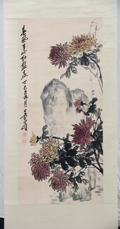 Dipinto su Carta con Fiori e Rocce, Cina, XX Secolo
