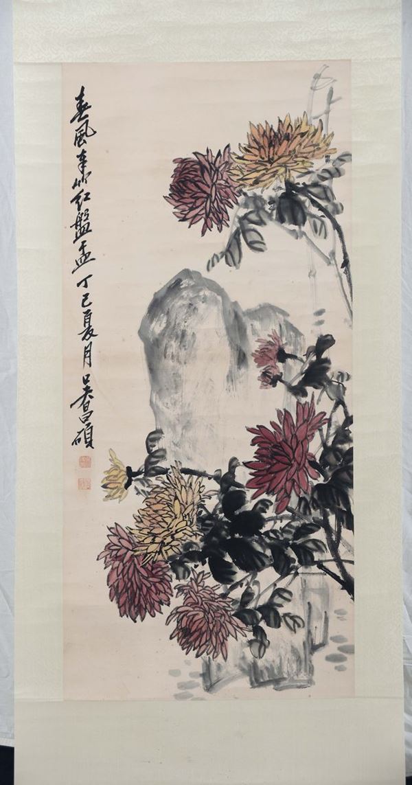 Dipinto su carta con fiori e rocce, Cina, XX secolo
