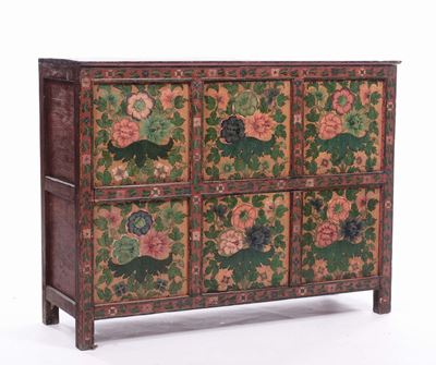 Mobile in Legno Laccato a Fiori, Tibet XIX Secolo