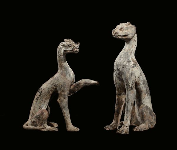 Coppia di felini in terracotta, Cina Dinastia Tang, X secolo
