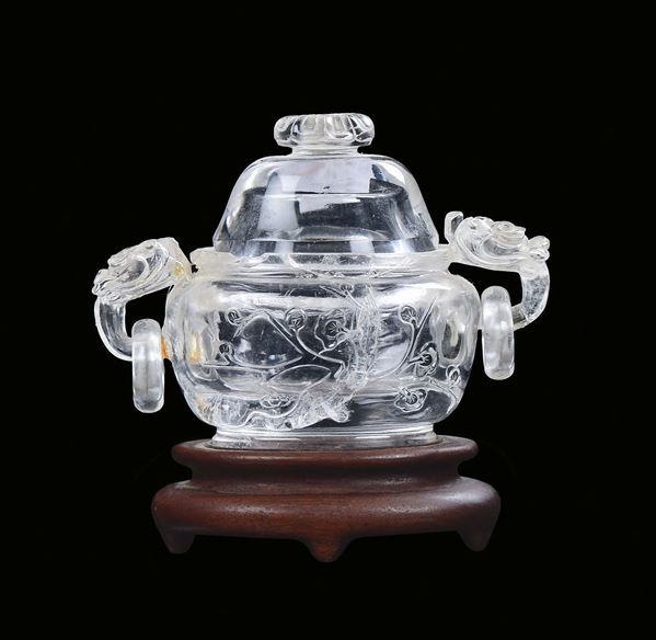 Incensiere in cristallo di rocca incso, Cina, XIX secolo