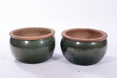 Coppia di Cache-pot in Terracotta Smaltata Verde
