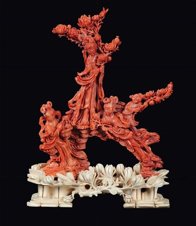 Gruppo in Corallo Rosso con Guanyin e Fanciulli, Cina, Dinastia Qing, Fine XIX Secolo