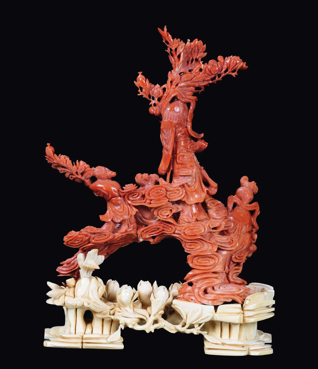 Gruppo in Corallo Rosso con Guanyin e Fanciulli, Cina, Dinastia Qing, Fine XIX Secolo