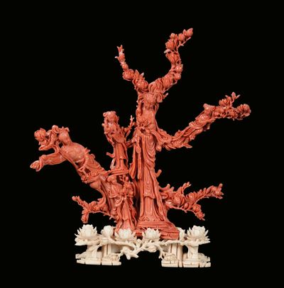 Gruppo in Corallo Rosso con Guanyin e Fanciulli, Cina, Dinastia Qing, Fine XIX Secolo