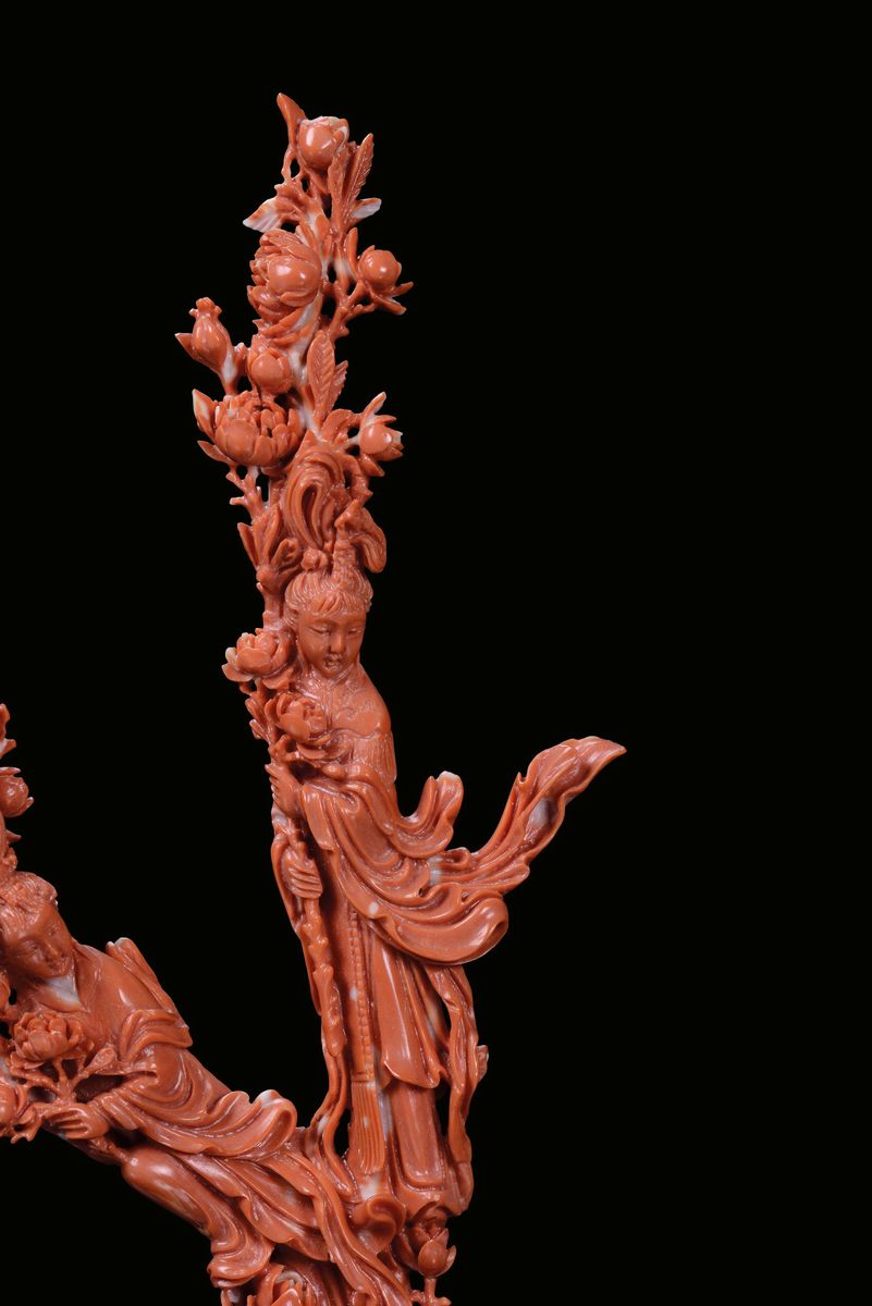 Gruppo in Corallo Rosso con Guanyin e Fiori, Cina, Dinastia Qing, Fine XIX Secolo