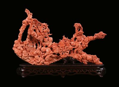 Scultura in Corallo Raffigurante Personaggi e Carretto, Cina, Inizio XX Secolo