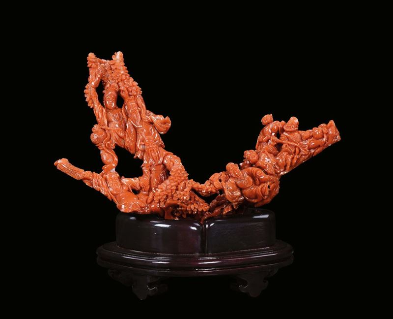 Gruppo in corallo a forma di ramo con figure, Cina, inizio XX  secolo  - Auction Fine Chinese Works of Art - I - Cambi Casa d'Aste