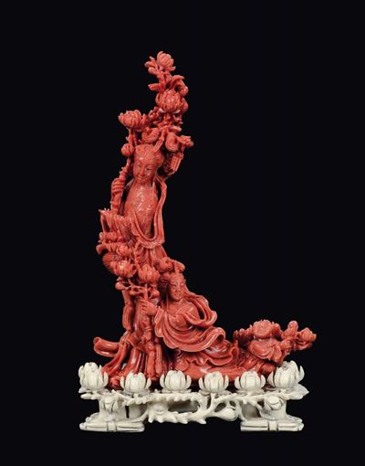 Gruppo in Corallo con Due Guanyin, Cina, Dinastia Qing, Fine XIX Secolo