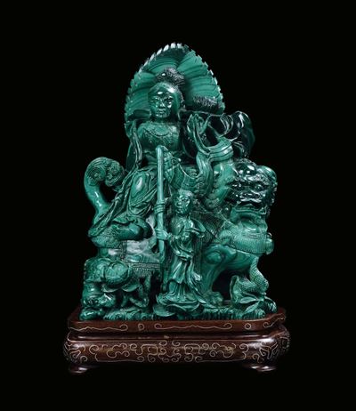 Gruppo in Malachite Raffigurante Guerriero su Cane di Pho, Cina, Repubblica, XX Secolo