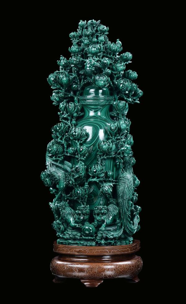 A malachite vase finely carved with floral decoration, China, Republic, 20th century