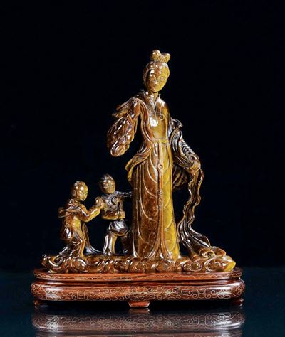 Gruppo con Guanyin e Fanciulli in Occhio di Tigre, Cina, XX Secolo