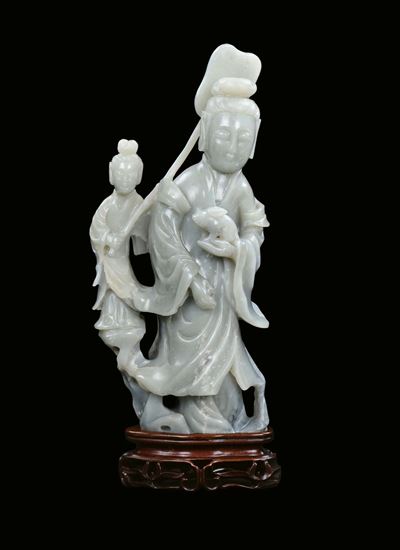 Guanyin con Fanciulla in Giada Verde, Cina, XX Secolo