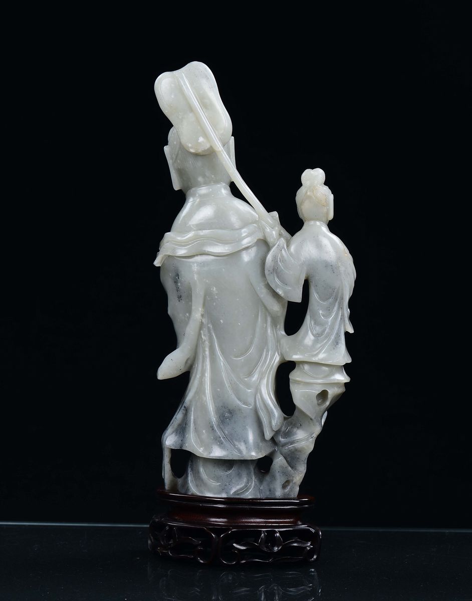 Guanyin con Fanciulla in Giada Verde, Cina, XX Secolo