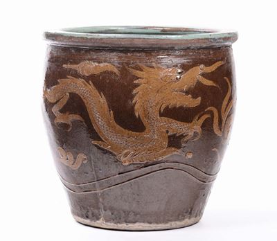 Cachepot in Porcellana a Fondo Marrone con Raffigurazioni di Draghi, Cina, XX Secolo