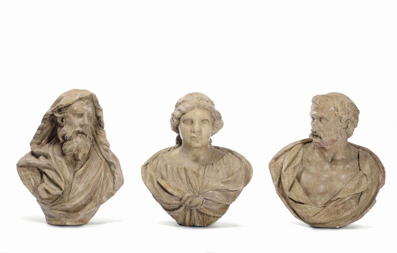 Plasticatore Bolognese del XVII secolo Due filosofi e figura femminile  - Asta Scultura e Oggetti d'Arte - Cambi Casa d'Aste