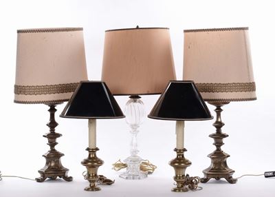 Due Coppie di Candelieri in Ottone e Candeliere in Vetro