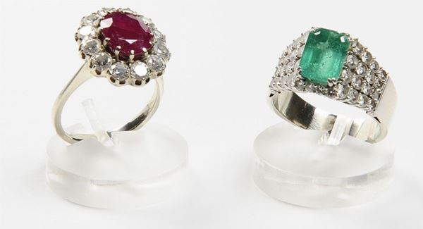 Two gold, diamond, emerald and ruby rings