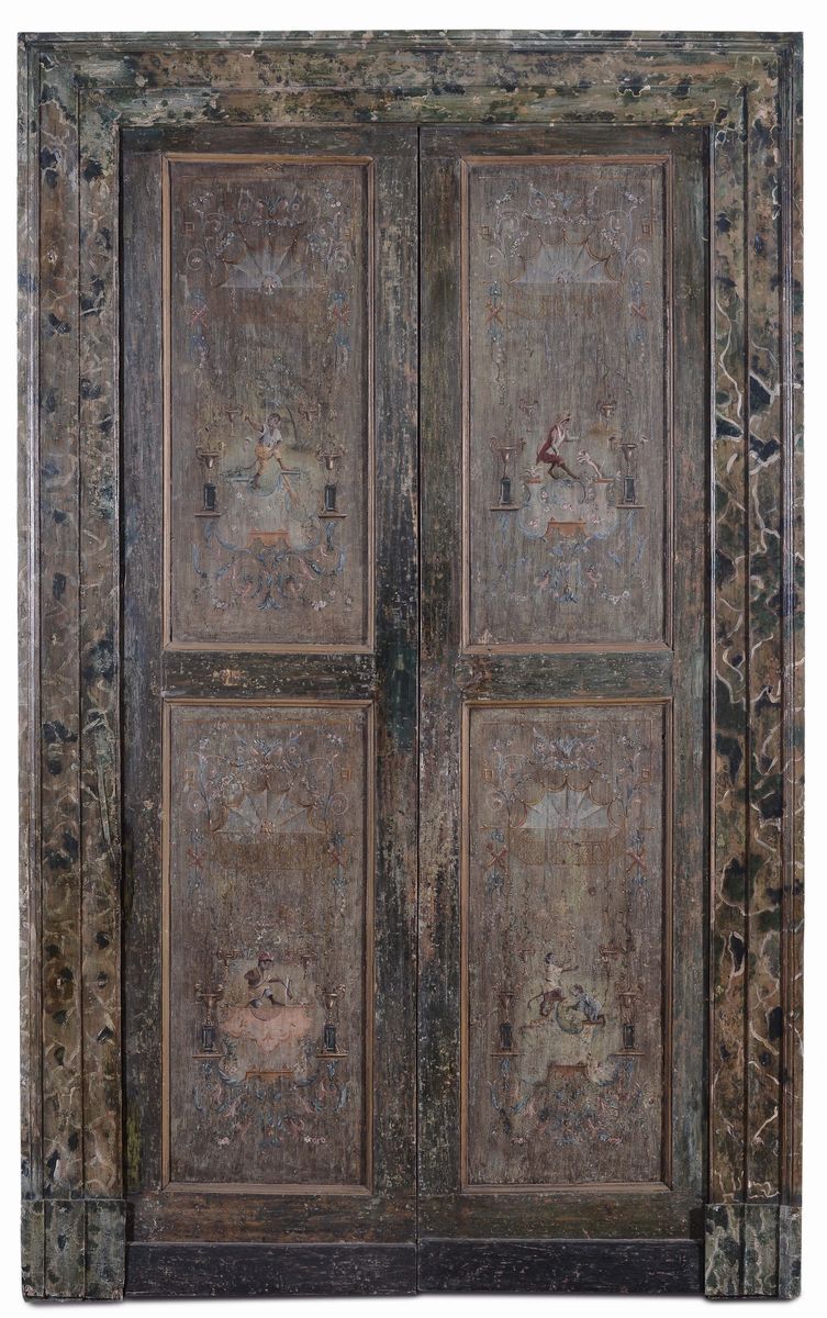Coppia di Porte in Stile Luigi XVI Complete di Mostre Laccate e Dipinte con Scimmiette, Piemonte ...