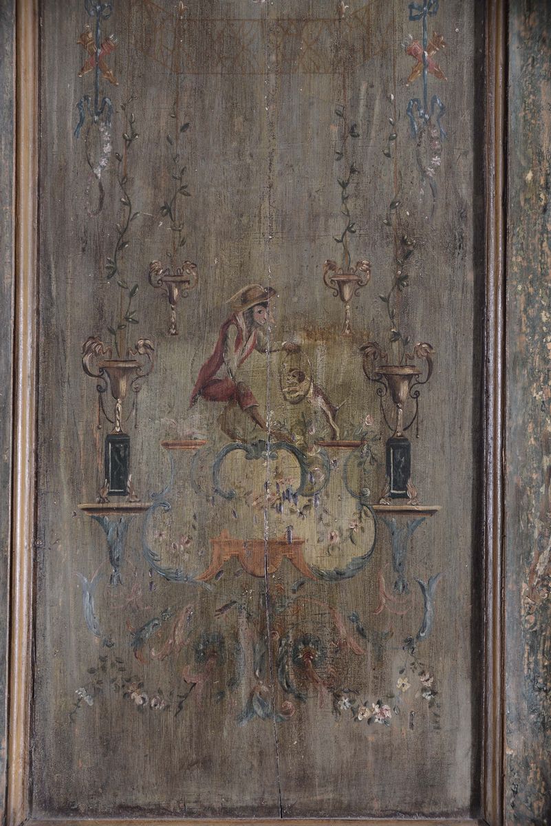 Coppia di Porte in Stile Luigi XVI Complete di Mostre Laccate e Dipinte con Scimmiette, Piemonte ...
