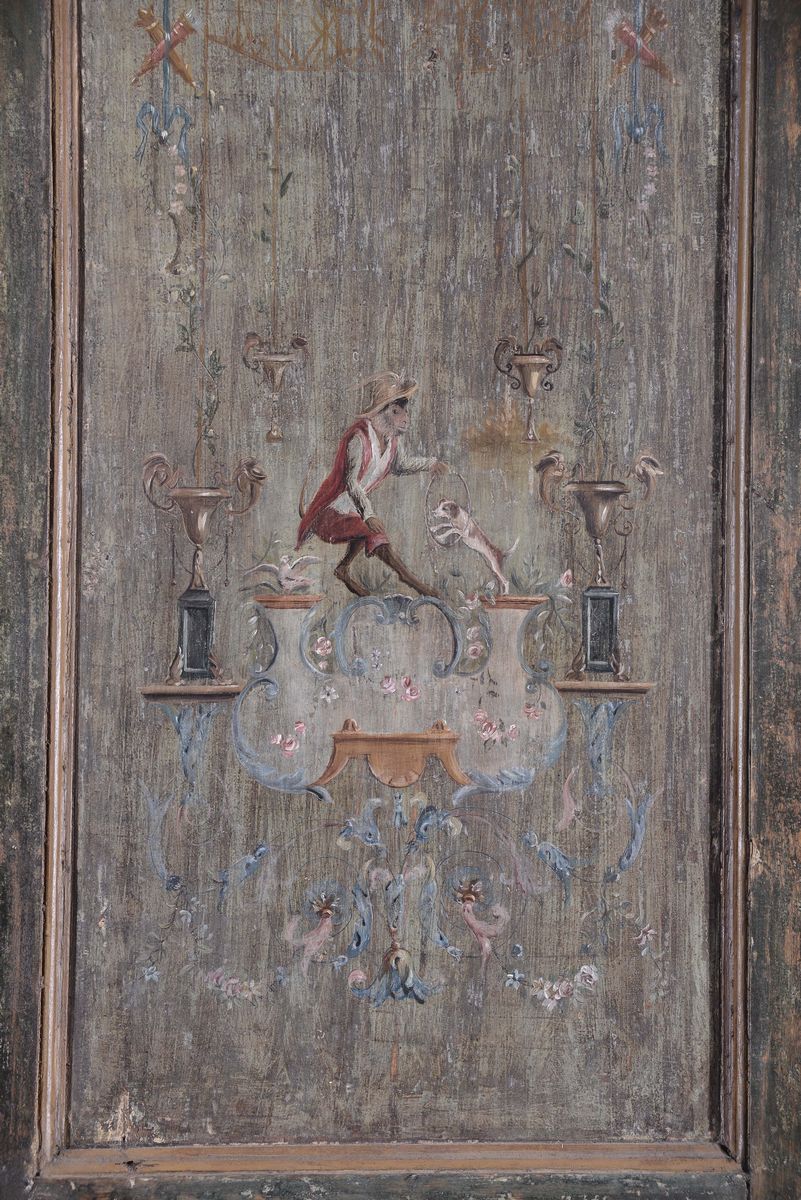 Coppia di Porte in Stile Luigi XVI Complete di Mostre Laccate e Dipinte con Scimmiette, Piemonte ...