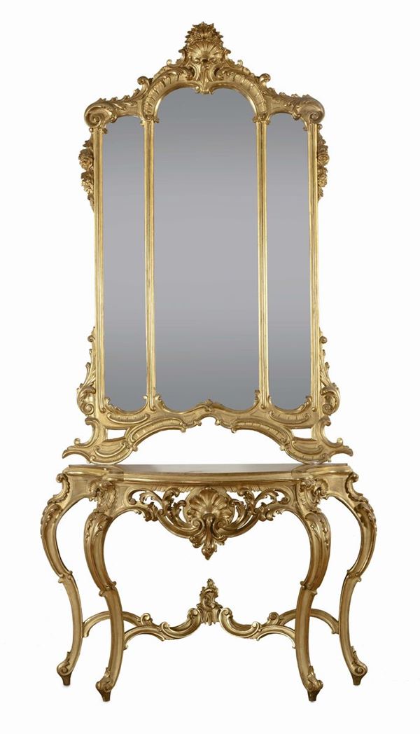 Console con specchiera Luigi Filippo in legno intagliato e dorato, Napoli XIX secolo