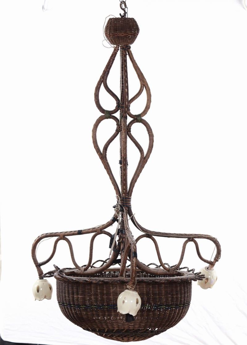 Lampadario a quattro luci in midollino, XX secolo  - Auction Furnishings and Works of Art from Important Private Collections - Cambi Casa d'Aste